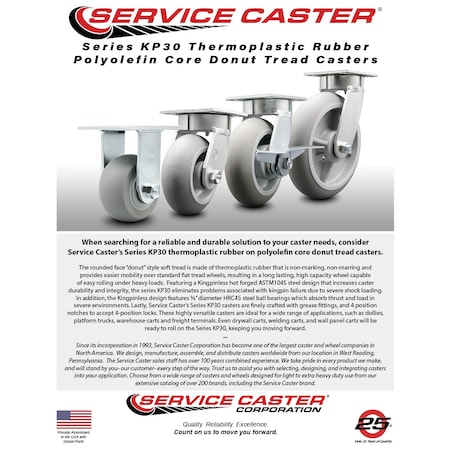 Service Caster 4 Inch Kingpinless Thermoplastic Rubber Wheel Caster with Brake and Swivel Lock SCC-KP30S420-TPRRD-SLB-BSL
